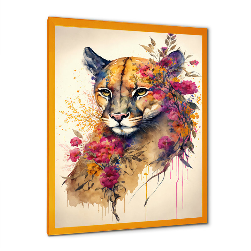 «Cute Puma Floral Art II», peinture sur toile, H 32 po x l 16 po x P 1 po, Impression dorée sur toile encadrée