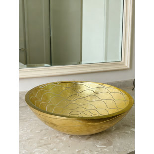 Gold Wave-patterned Art Glass Vessel Sink With Pop-up Drain – Handcrafted Luxe Design, Ideal For Bathroom Vanity Upgrades | Model Lav-fws108