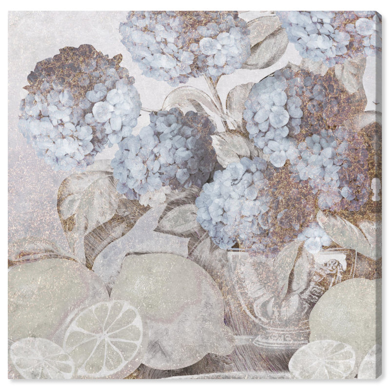 «Blessings Blue Hydrangeas», art élégant en or blanc par Everly Quinn, Toile tendue, H 30 po x l 30 po