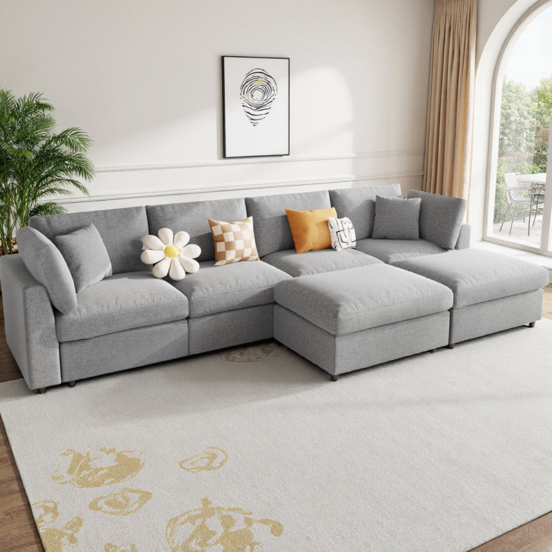 Grand canapé modulaire en forme de U de 130 po avec 2 repose-pieds mobiles, canapé modulaire en chenille 6 pièces avec structure en bois massif, sièges spacieux pour le salon