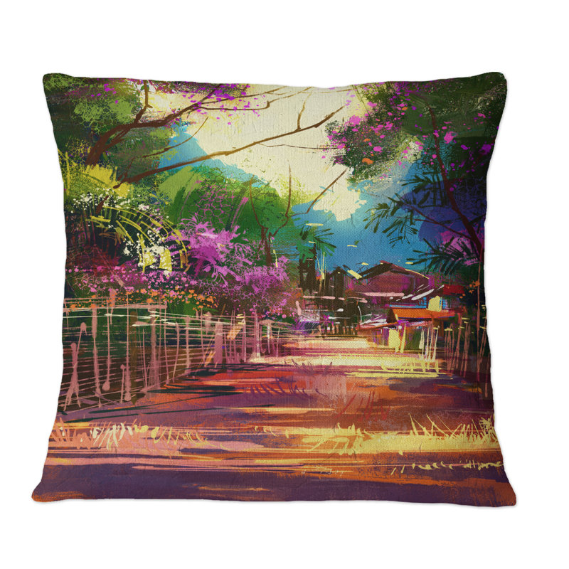 Path Paths To Country Village In Spring - Coussin décoratif imprimé Country, 18 po x 18 po