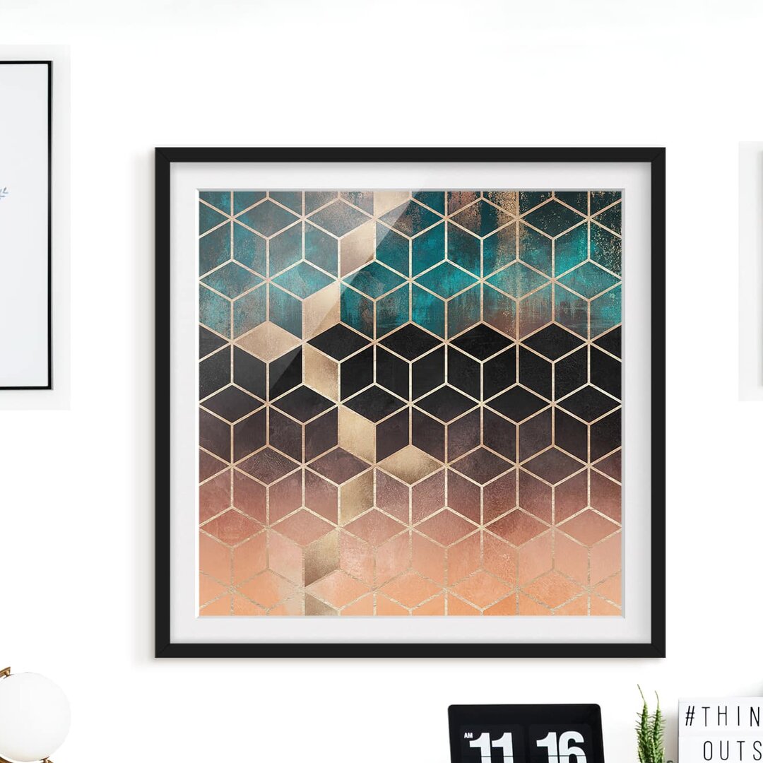 Gerahmtes Poster Turquoise Rosé Golden Geometry