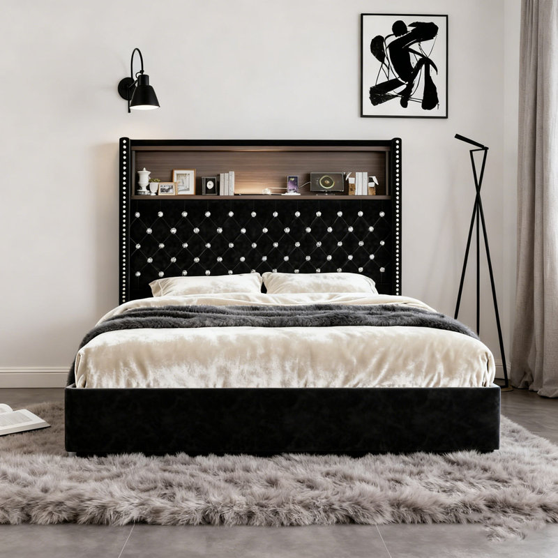 Cadre de lit doux en velours capitonné avec port USB et veilleuse, tête de lit haute 52 po avec rivets, Grand, Noir