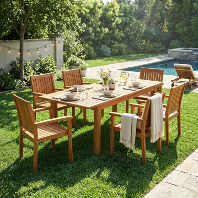 7 Pieces Acacia Wood Outdoor Dining Set S,Modern 6 Chairs  1 Large Table,Dining Furniture Set