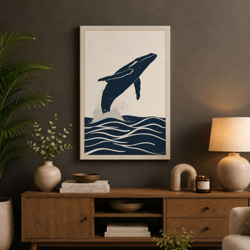 Breaching Whale Coastal - Wrapped Canvas, 36x24 - 91.4 x 61.0 cm, Cream Border