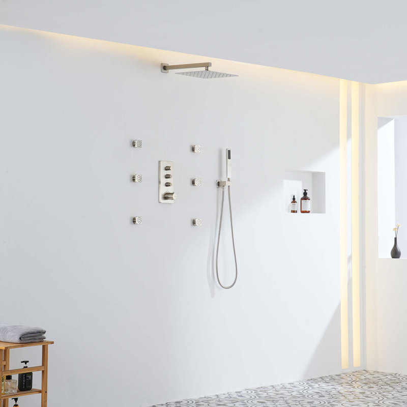Système de douche thermostatique mural 3 fonctions 12 po, Nickel brossé