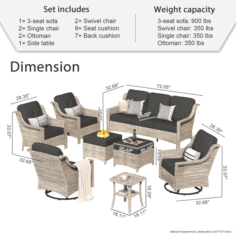 7 - Person Wicker Outdoor Conversation Set, Patio Sofa & Swivel Chair Set with Cushions, Black