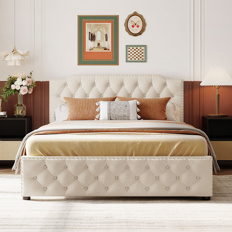 Jontrell Upholstered Panel Storage Bed, Beige