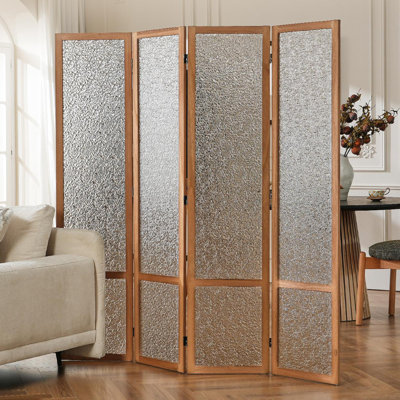  4 Panel Acrylic Room Divider Privacy Screen Translucent Folding Partition with Paulownia Wood Frame Natural, Shatterproof & Space-Saving for Living Room, Bedroom, Office