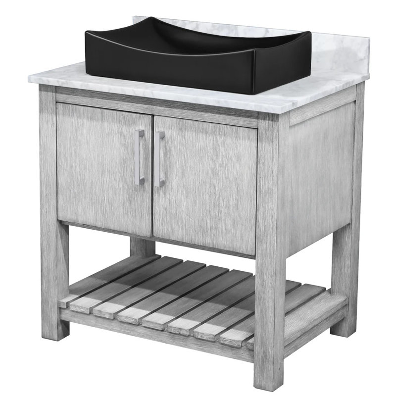 Meuble-lavabo de 30 po avec comptoir en marbre de Carrare, lavabo en porcelaine, quincaillerie en nickel brossé