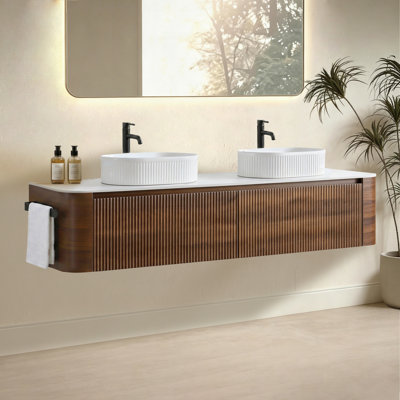 Bathroom Vanity with Sink, Walnut Wall Cabinet with Free Towel Rack, Oval Striped Ceramic Basins Design, without Drain and Faucet, Pre-assembled