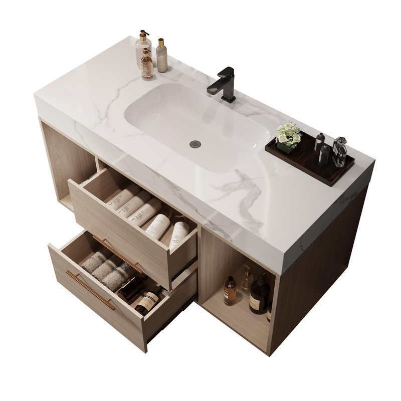 39.4" Wall-Mounted Single Bathroom Vanity with Sink, Light Oak