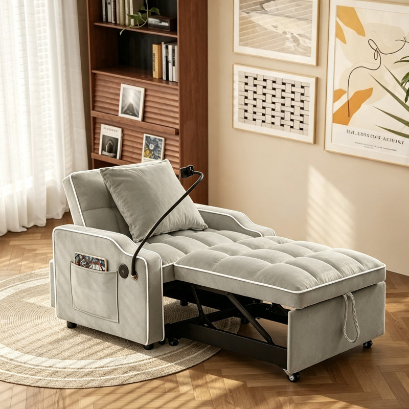 Fauteuil futon rembourré à dossier coussiné 35,43 po Harrsion, Velours gris