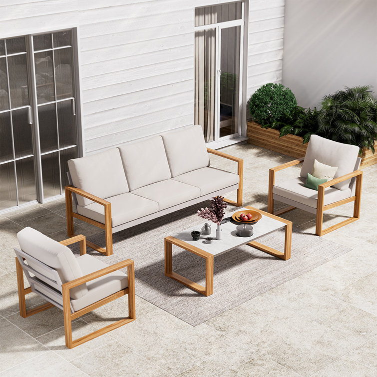 Arunas 5 Person Outdoor Conversation Furniture Set Seating Group With Wood Pattern And Cushions