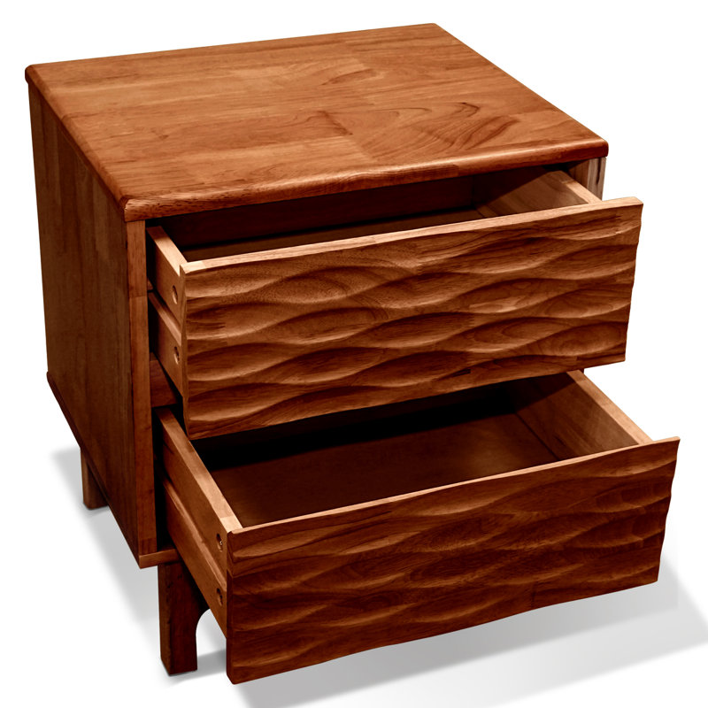 Gerrell Elara Solid Wood 2-Drawer Nightstand with Sculpted Front – Mid-Century Modern Bedside Table for Bedroom or Living Room, Walnut Finish