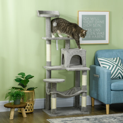 Arbre à chat de 142 cm avec niche, hamac et poteaux à griffer en sisal