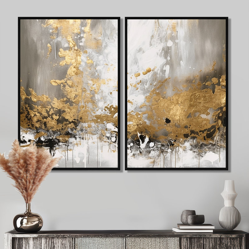 Or et blanc abstrait - art mural abstrait, Black, 36" H x 48" W, Impression encadrée flottante