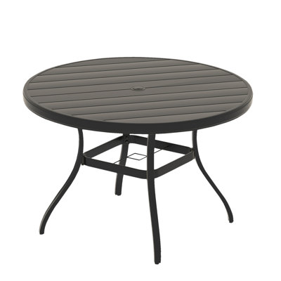 Round Outdoor Dining Table For 6 - 7, All Weather Black Steel With Adjustable Umbrella Hole, Powder Coated To From Rust, Bent Leg Design Balance, Hand Polished Classic Style, Suitable Deck Party