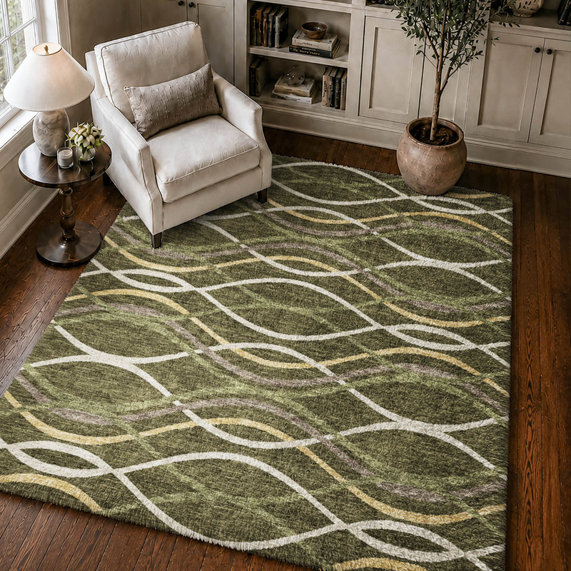 Tapis Dream Shag Waves ADS757, lavable à la machine, de qualité supérieure, Olive, 8' x 10'