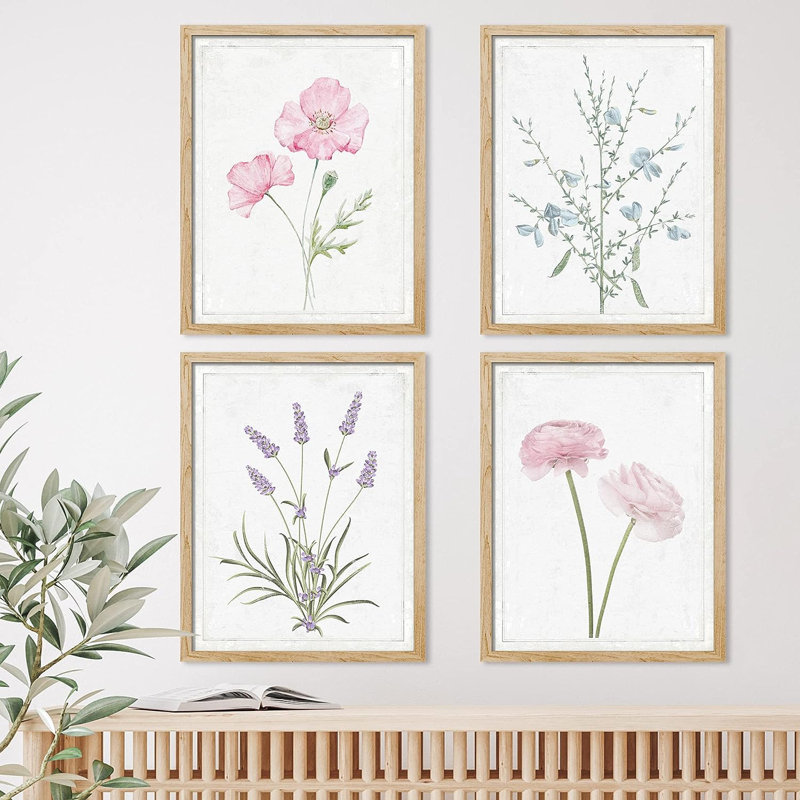 Vibrant Wildflower " IDEA4WALL Framed Lavender Rose Daisy Cornflower Wall Art, Set Of 4 Nature Wilderness Wall Decor Prints, Botanical Floral Wall Decor For Living Room, Bedroom " 4 - Pieces