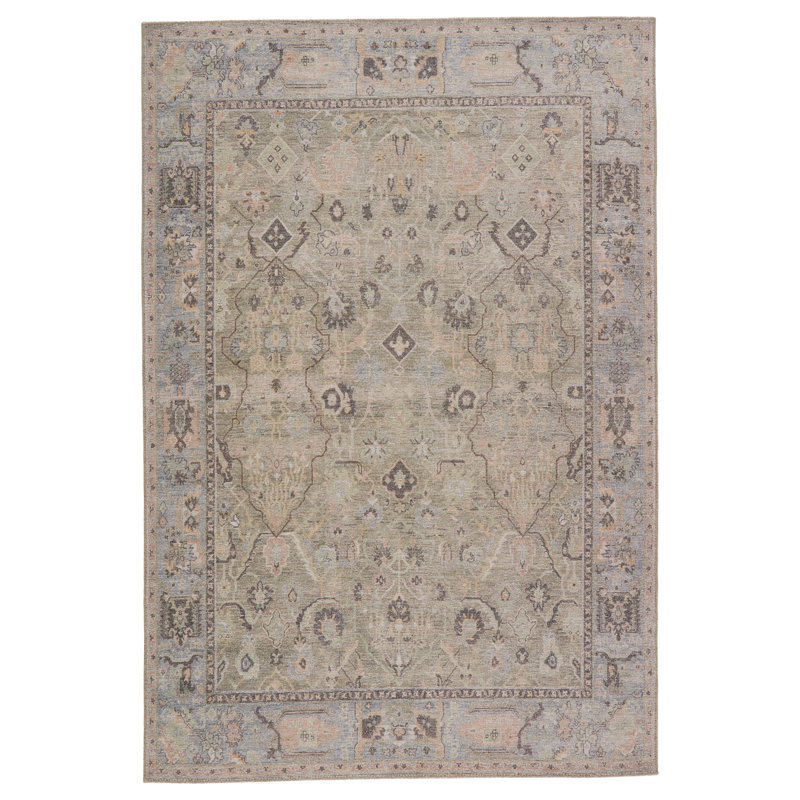 Tapis brun clair / vert / bleu Elodie, Rectangle de 7 pi 6 po x 9 pi 6 po