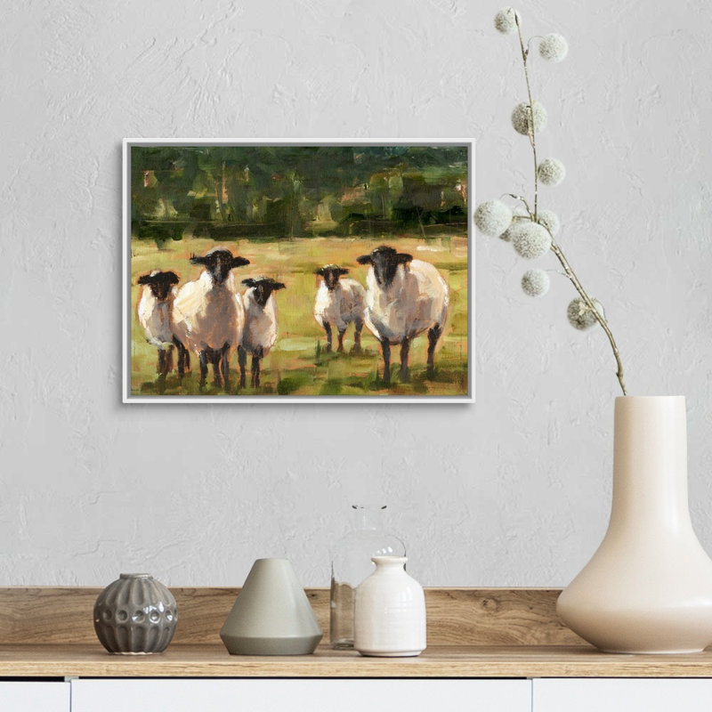 Sheep Family I, art mural sur toile, H 14 po x l 18 po x P 2 po, Toile avec cadre blanc