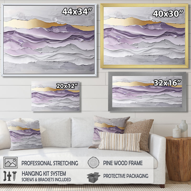 Lavande et pierres, horizon transitionnel I - art mural transitionnel grand, H 16 po x l 32 po, Cadre flottant, Argent argent
