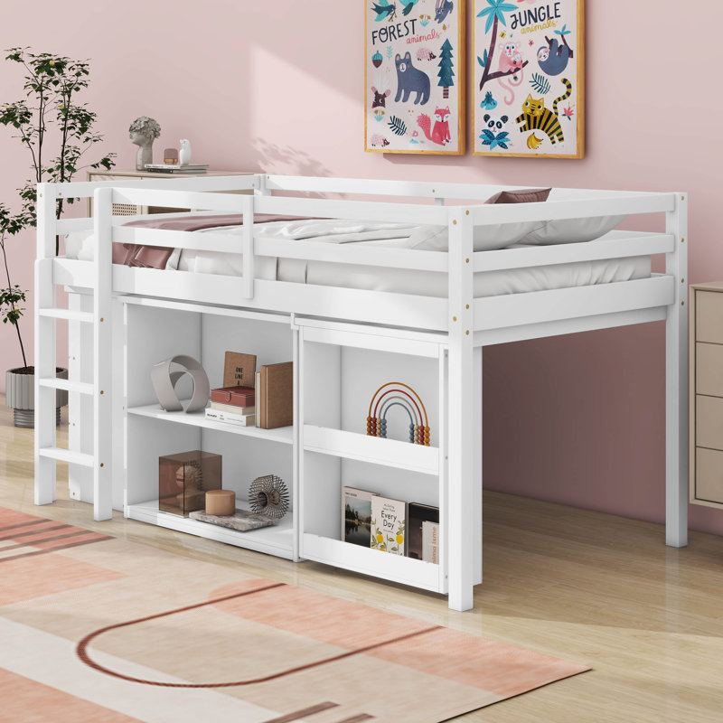 Lit mezzanine simple avec armoire à tiroirs, armoire à tablettes et bureau à tiroirs, Blanc