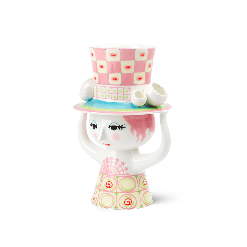 Dame avec vase à chapeau, rose / jaune, H: 9,6 po