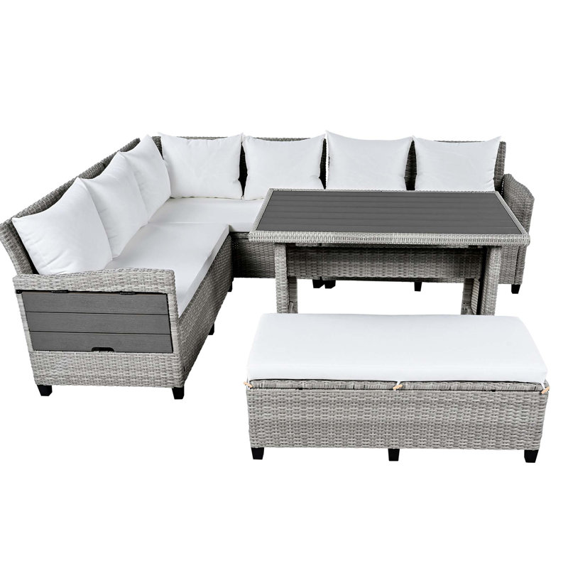 Ensemble de canapé de patio en osier toutes saisons avec tables d'appoint extensibles, Coussin blanc / cadre gris clair