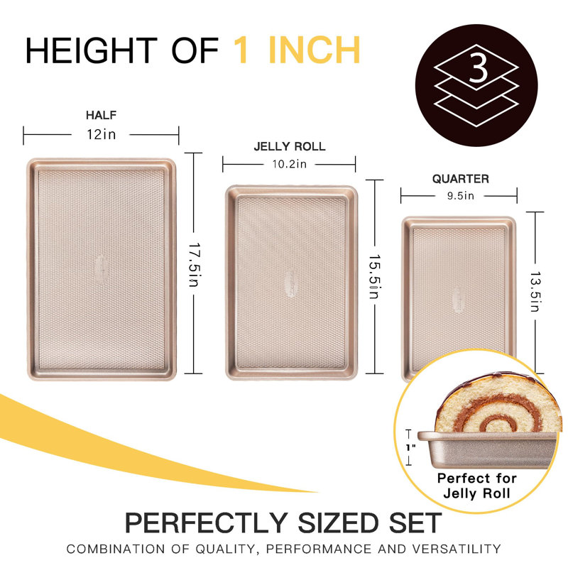 Baking Sheet Pan Set, Cookie Sheets For Oven, Nonstick Half/Quarter/Jelly Roll Pans With Diamond Texture Pattern, Heavy Duty Cookie Tray