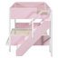 Lit double superposé au-dessus de grand lit double avec escalier à rayures et tablettes latérales, rose-952675850