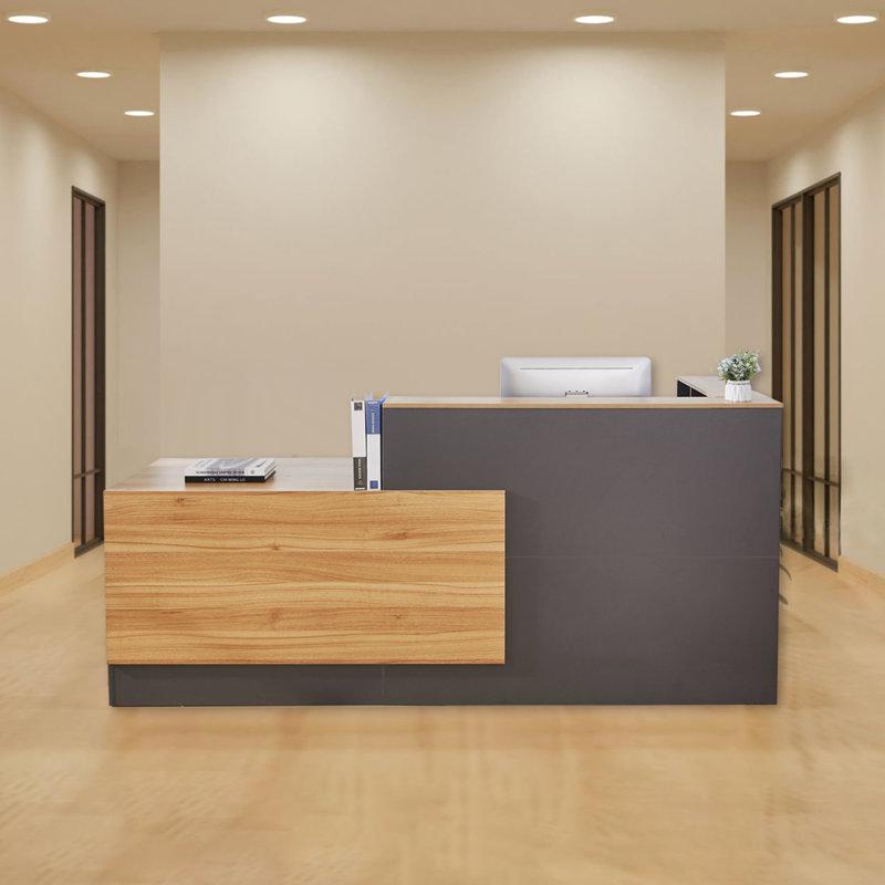 Bureau de réception moderne en forme de L avec classeur verrouillable et plateau à clavier - Comptoir de réception en bois de 86,6 po de largeur pour le bureau, le hall d'hôtel et le restaurant, à gauche