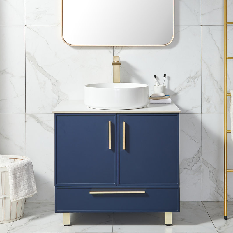 Meuble-lavabo simple autoportant bleu moderne 30 po avec comptoir rond en céramique Munha