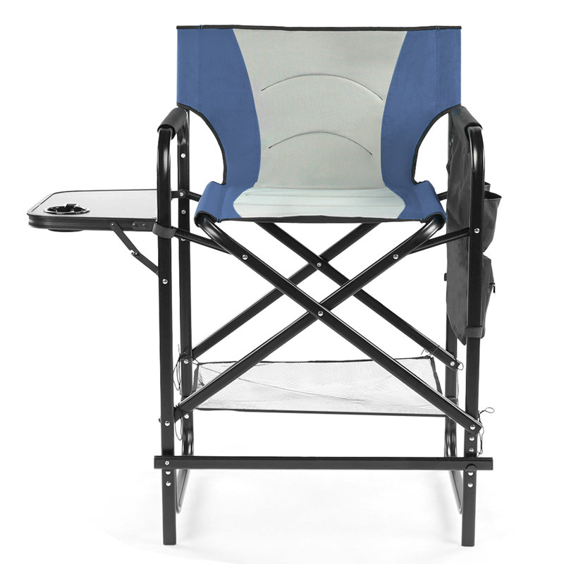 26In Iron Pipe Folding Director Chair With Built-In Cup Holder, Side Table, Storage Pocket, Navy