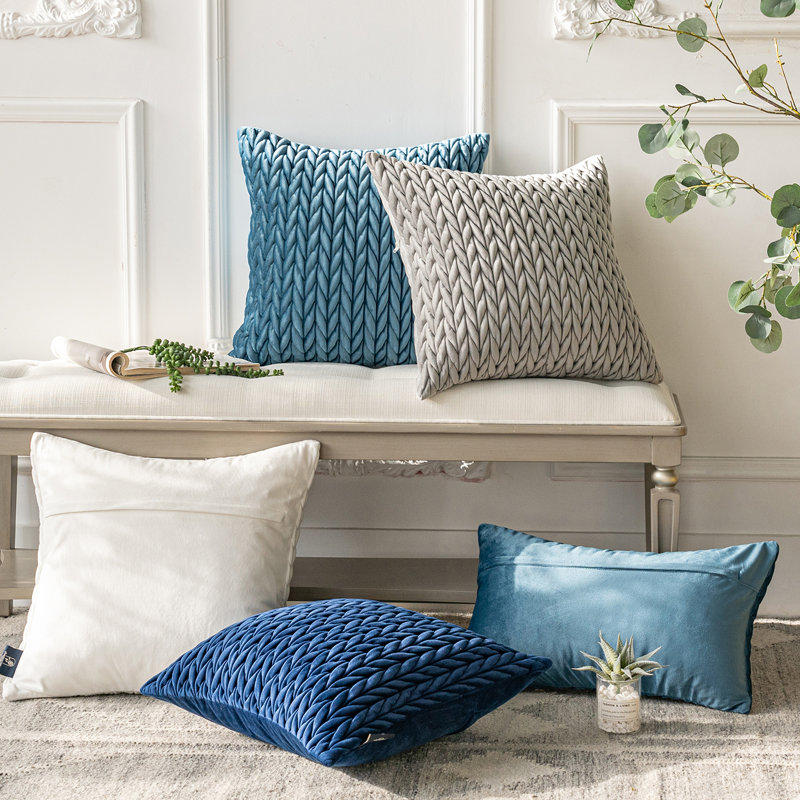 Dark Gray and Beige Quilted Velvet Square Throw Pillow Set