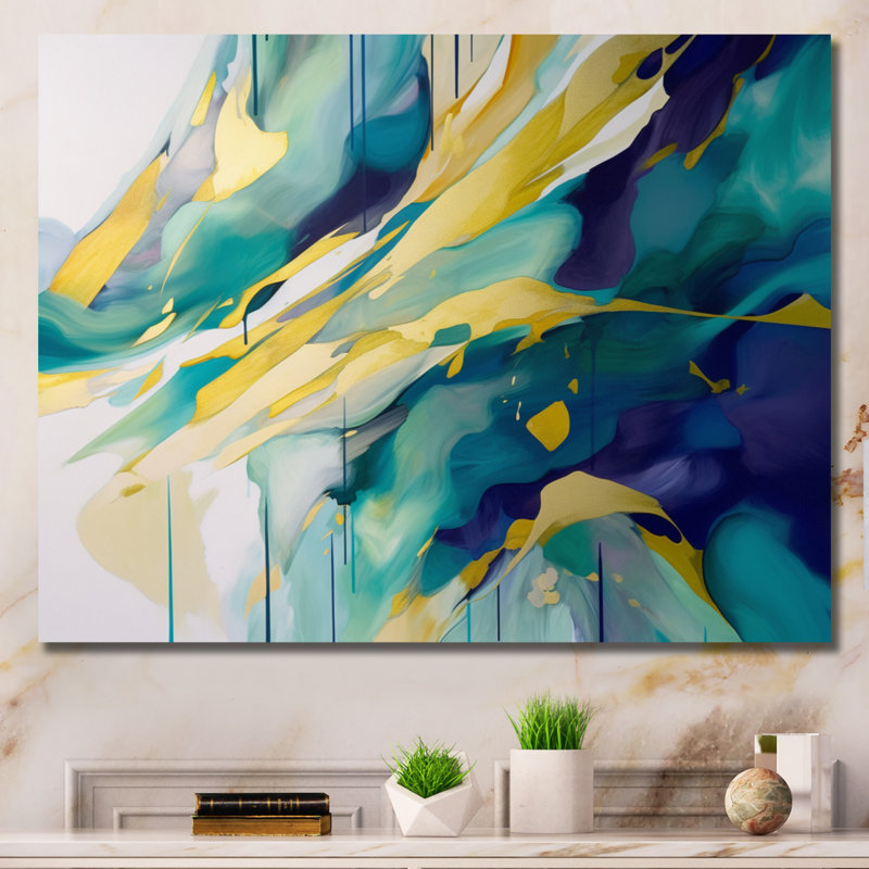 Impression sur toile, or et turquoise, ordre complexe I, H 16 po x l 32 po x P 1 po, Toile tendue