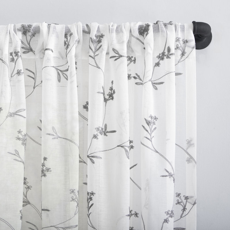Joaquim Floral Embroidery Sheer Rod Pocket Single Curtain Panel, White, 50" W x 84" L