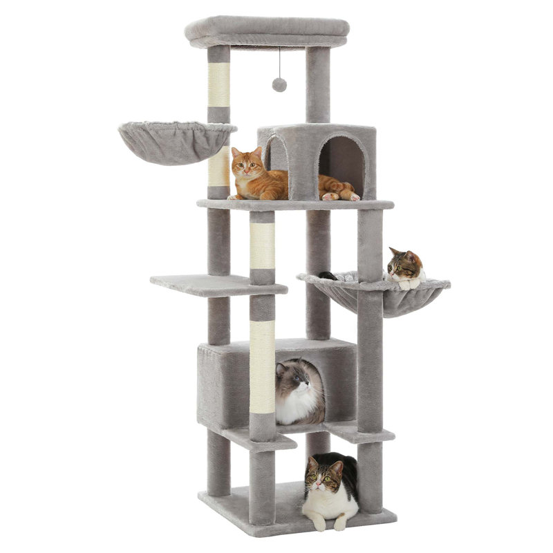 Arbre à chat 66 po, tour pour chat avec poteau à griffes recouvert de sisal, très grand hamac en métal et 2 grands condos