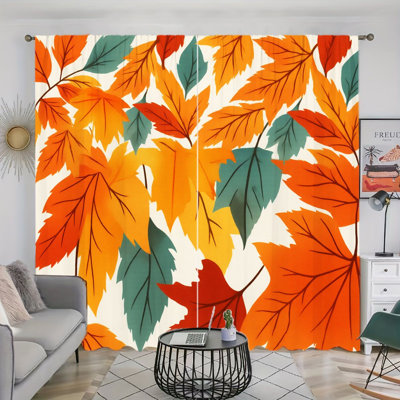 2 Pieces Vibrant Fall Maple Leaf Pattern Light Filtering Curtain with Rod Pocket Design, Autumn Theme Decor, Easy Hang All-Season Curtains for Home Living Room Bedroom Study Cabinet Decoration