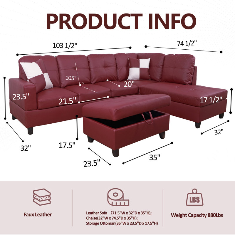 Elsiana 3 Piece Faux Leather Modular Living Room Set, Leather Couch Set, Right Hand Facing, Red Faux Leather