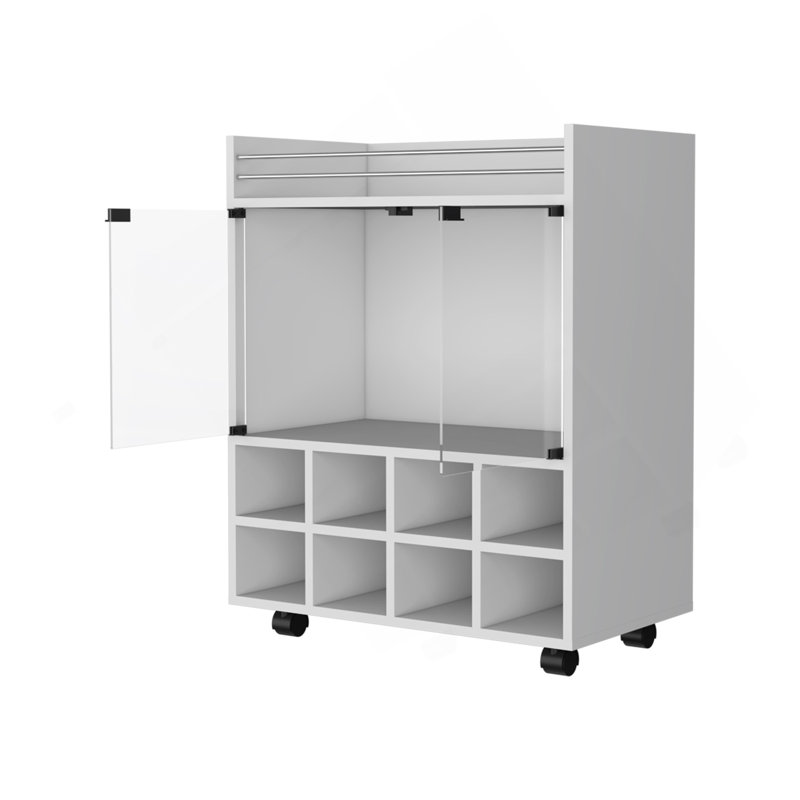 Chariot-bar Minneapolis avec support intégré pour 8 bouteilles, armoire en verre et plateau en aluminium