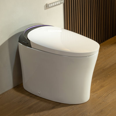 Toilettes intelligentes avec bidet, couvercle à ouverture / fermeture automatique, capteur de pied, bouclier en mousse, affichage à DEL, lumière ambiante et sécheuse chaude, toilette à bidet ADA avec chasse d'eau de 1000 g, siège chauffant, chasse d'eau instantanée et occultant