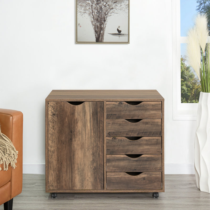 Classeur à 5 tiroirs avec roulettes - Armoire de rangement en bois et commode à tiroirs pour documents, fournitures et vêtements