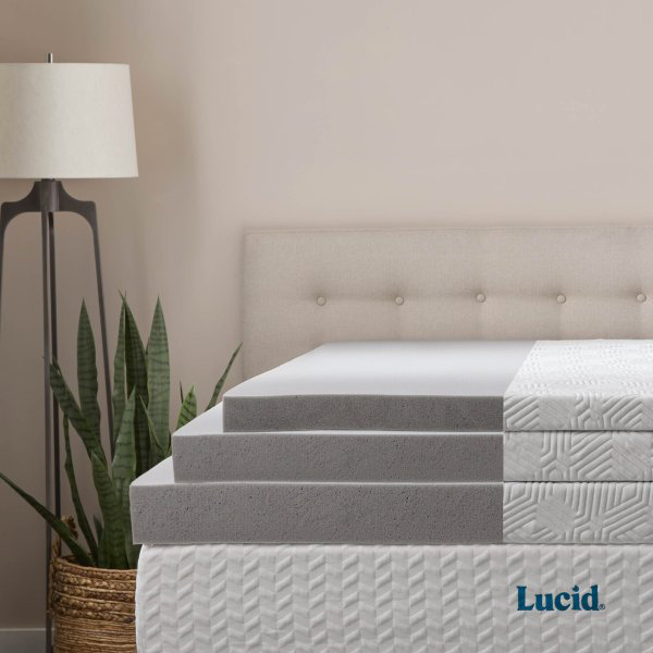 Lucid Comfort Collection 4” Bamboo Charcoal and Gel Memory Foam Mattress Topper, Queen