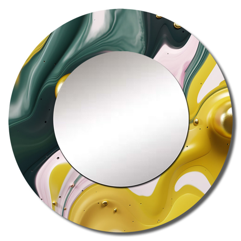 Shoniqua Yellow And Green Fluid Stone II - Marble Decorative Wall Mirror, Yellow Round Mirror, Printed Metal Art, 36" x 36"