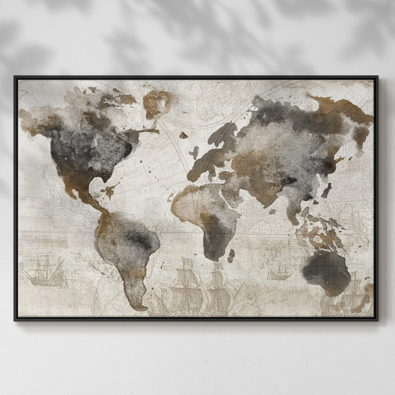 Carte antique encadrée sur toile, Noir, H 25 po x l 37 po x P 2 po
