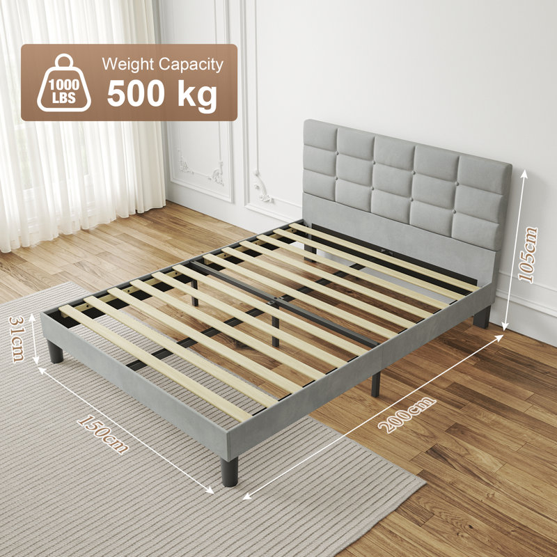 Velvet Upholstered Platform Bed with Headboard, Kingsize (5')