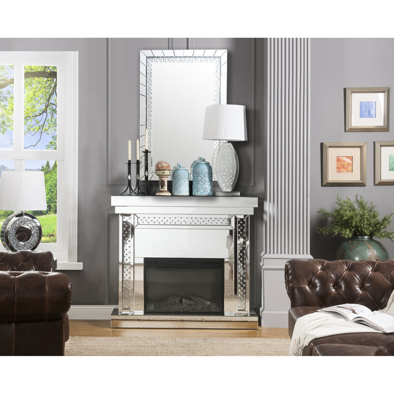 Foyer électrique à DEL avec miroir et faux cristaux, cadre biseauté, incrustation de verre transparent, télécommande / tactile, température réglable, minuterie, foyer intérieur l 26 po x H 18 po, largeur 46,32 po, cristaux de hauteur 41,83 po
