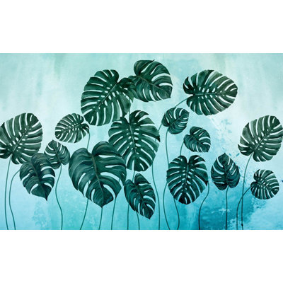 Watercolor Monstera Leaf Turquoise Wall Mural for Home Decor